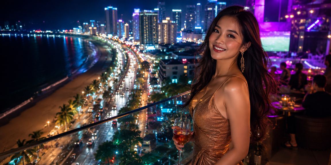 Ánh đèn neon rực rỡ tại khu vực casino và giải trí ven biển Nha Trang về đêm
